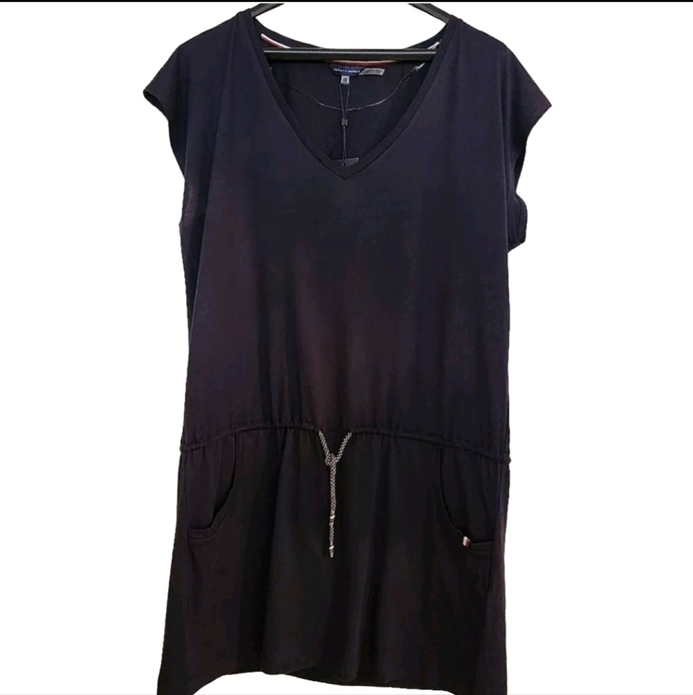 NWT Tommy Hilfiger Navy Cotton V- neck Drawstring Waist Dress Size Small Navy